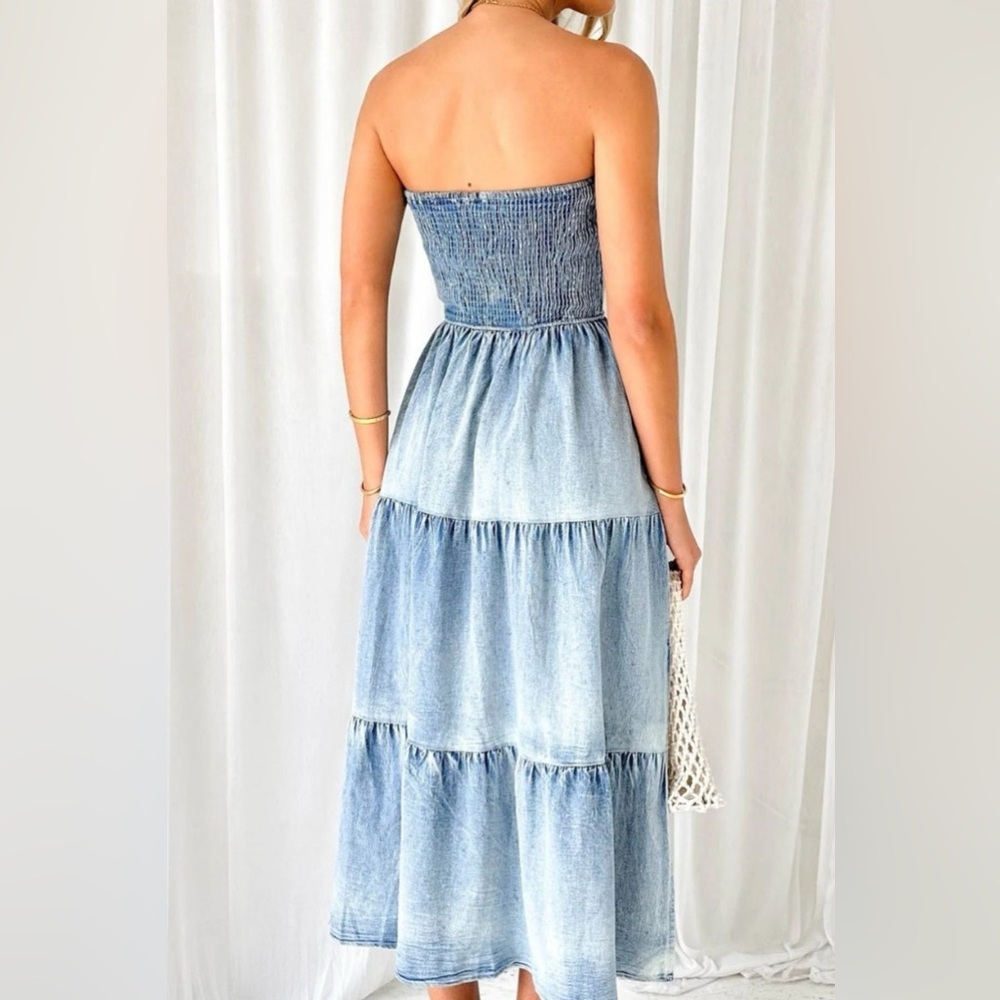 RISEN Smocked Tube Slit Tiered Elegant Blue Jean Strapless Midi Dress - Picture 4 of 8